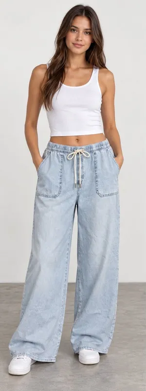 Michael Kors Light Blue Wide-Leg Drawstring Jeans size L thumbnail 1