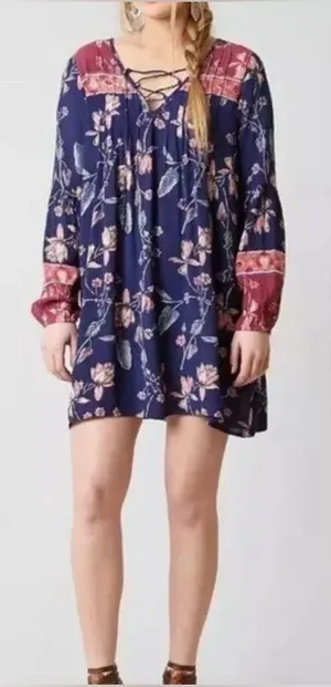Billabong Pink & Blue‎ Floral Just Like You Dress Medium Boho Peasant Flowy thumbnail 1