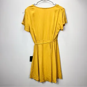 NWT Lulus Harbor Point Mustard Yellow Flutter-Sleeve‎ Mini Wrap Dress MEDIUM thumbnail 6
