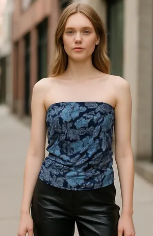NWOT Free People Ruched Bandeau Tube Top in Blue Floral Paisley Large thumbnail 1