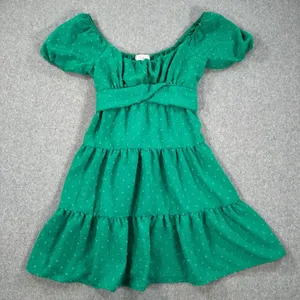 Altar'd State Green Swiss Dot Mini Dress Size Small Tie Back Puff Sleeve Tiered thumbnail 1
