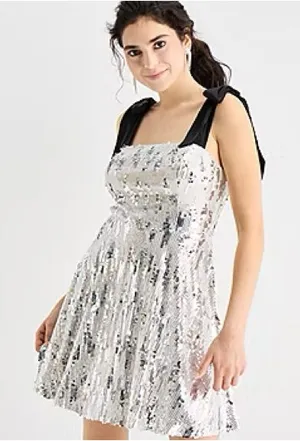 by&by Tie Shoulder Square Neck Sleeveless Sequin Fit + Flare Dress thumbnail 1