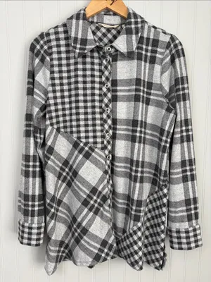 Soft Surroundings Paramour Plaid Grey Long Sleeve Tunic Button Down Top thumbnail 1
