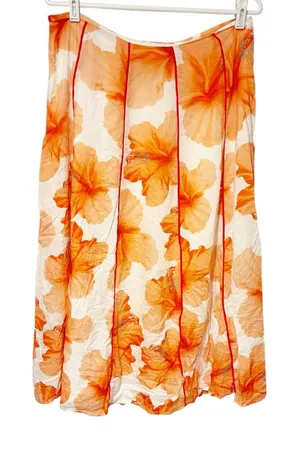 Farm‎ Rio Size Large Orange Floral Pleated Fully Lined Midi Skirt thumbnail 1
