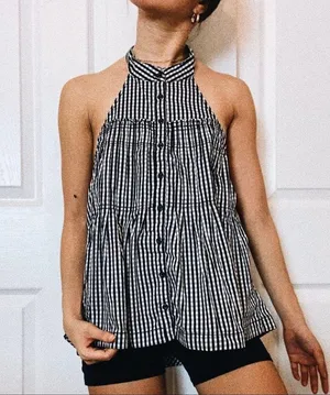 Free People Take It Easy Gingham Halter Top Black White Plaid Small Buttons thumbnail 3