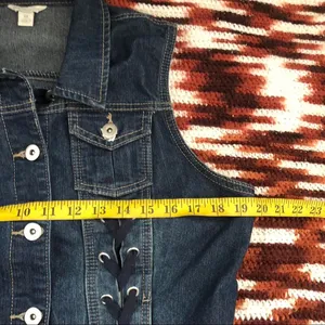Y2K Mcbling Goth Grunge Cyber Punk Denim Jean Corset Lace up Corset Vest Jacket Shirt Top Blouse Navy Blue Cargo Pockets Sleeveless Dark Wash #whimsygoth #preppy #subversive #acubi #academia Size M - measurements in pics thumbnail 5