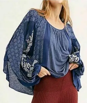 Free People Indigo Dreams Oversized Tunic Top Navy Blue Small NEW Boho Chic thumbnail 1