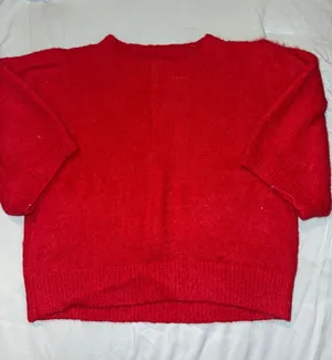 Red Fuzzy Crewneck Sweater with Ribbed Trim thumbnail 1