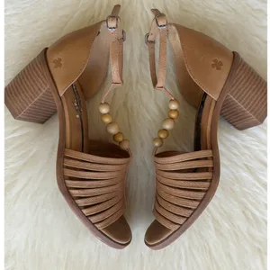 Lucky Brand Womens Chunky Leather Brown Beaded Block Heel Sandals sz 7.5 Strappy thumbnail 1