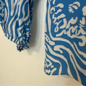 Lilly Pulitzer Camille Blouse Silk Night Swimming Blue White Print Womens Large thumbnail 3