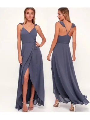 Lulus Here's To Us Maxi Wrap Dress in Granite Blue Size Medium thumbnail 2
