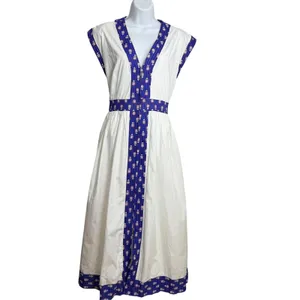 TCEC Womens White Blue Floral Block Print Trim V-Neck Zip Front Midi Dress L thumbnail 3