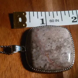 Ocean Fossil Jasper Inlay Frame Silvertone Pendant Stainless Steel Necklace thumbnail 6