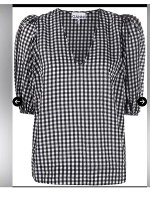 Ganni Seersucker Check Plaid Balloon Sleeve Blouse Womens 36 4 Black White thumbnail 3