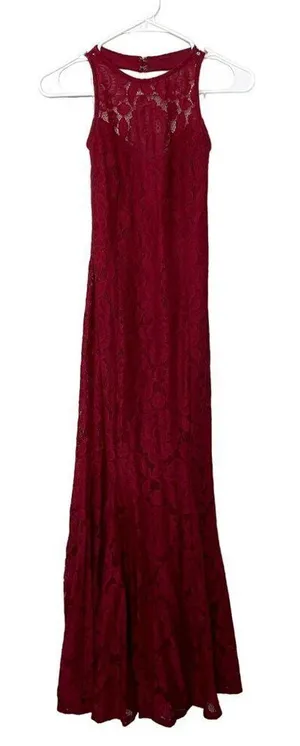 Lulu's vintage red lace dress bright‎ deep long train halter neckline size small thumbnail 1