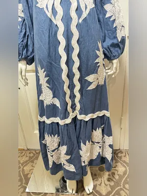 Farm Rio Navy Blue White Floral Embroidery long sleeves Maxi Dress S XS thumbnail 5