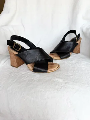 Born Black Leather Crisscross Slingback Block Heels with Tan Wood-Look Heel thumbnail 7