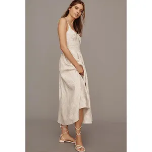 Reformation Balia Linen Midi Dress Size 10 Tan White Striped Smocked Sleeveless thumbnail 3