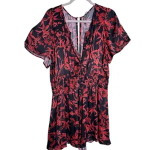 Anthropologie Somerset Black Rust Floral Satin Romper V Neck XLP thumbnail 3