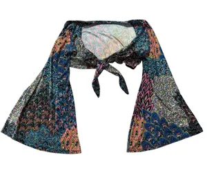 Eat Sleep Rave large bell sleeve Boho Tie-Front Crop Top festival colorf Paisley thumbnail 1