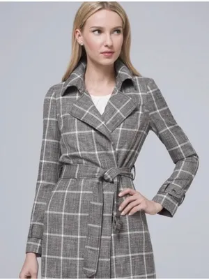 White House Black Market Gray Plaid Belted Trench Coat thumbnail 1