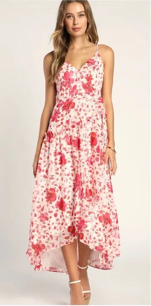 Lulus Floral Print Metallic Ruffled Wrap Maxi Dress size L thumbnail 1