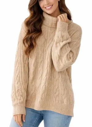 L.L. Bean wool ivory cableknit turtleneck sweater xl petite thumbnail 1