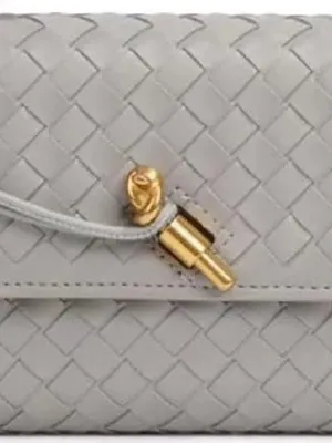 Woven Leather Top-Handle Clutch in Light Gray thumbnail 3
