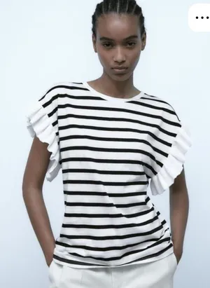 ZARA | Black White Striped Ruffle Sleeve Boxy Tee Sz M thumbnail 1
