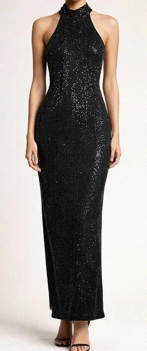 Vintage Roberta Midnight Black VTG Sequin Halter Open Back Sleeveless Maxi Gown thumbnail 1