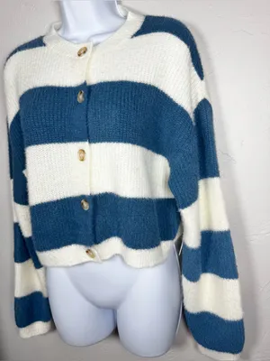 Altar'd State Blue and Cream Striped Button-Front Cropped Cardigan Size Small thumbnail 4