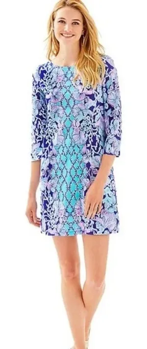 Lilly Pulitzer Blue Floral Printed Mini‎ Dress 3/4 Sleeves Boatneck Women’s XXS thumbnail 1