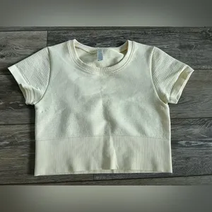 Aerie Offline Seamless Ribbed Cropped Cream T-Shirt thumbnail 1