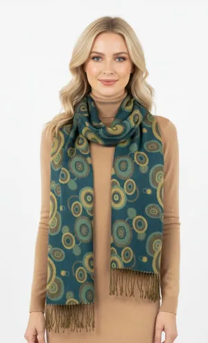Pashmina Blue & Tan Circle Print Rectangular Reversible Tassel thin knit Scarve thumbnail 1