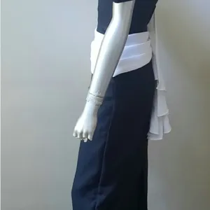 Vintage 80s Black White Puff Sleeve Column Maxi Dress Open Back Prom Goth Formal thumbnail 4