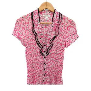 Dressbarn Pink Floral Pleated‎ Ruffle Button Blouse Romantic Cottagecore M thumbnail 2
