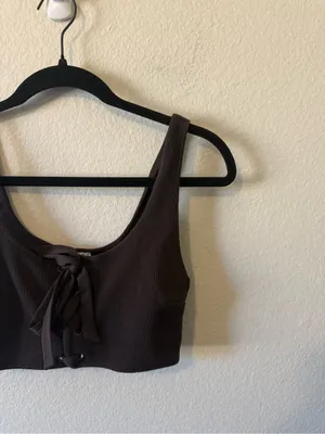 Ganni Ribbed Laced Up Ribbed Bikini Brown Top Size M Swim Vacation Neutral thumbnail 3