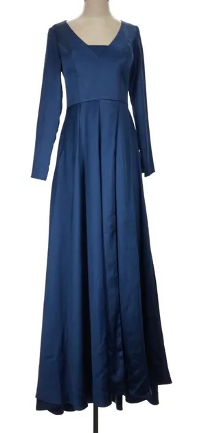 Ieena‎ For Mac Duggal Navy Satin Gown Womens 4 Long Sleeve V Neck Maxi Formal thumbnail 1