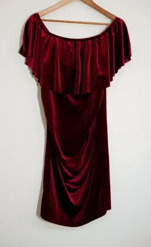 My Bump Maternity Size Medium Velvet Off Shoulder Ruffle Dress Burgundy Bodycon thumbnail 1