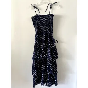 Tory Burch Printed Ruffle Dress Polka Dot Smocked Midi Navy White NWT Size M thumbnail 5