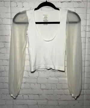Free People Intimately Lost In Love White Ribbed Mesh Puff Sleeve‎ Top XXS thumbnail 1