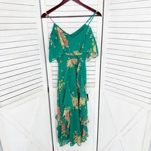 Lulus Romantic Love Floral Chiffon Ruffle Cold Shoulder Midi‎ Dress Green XS thumbnail 10