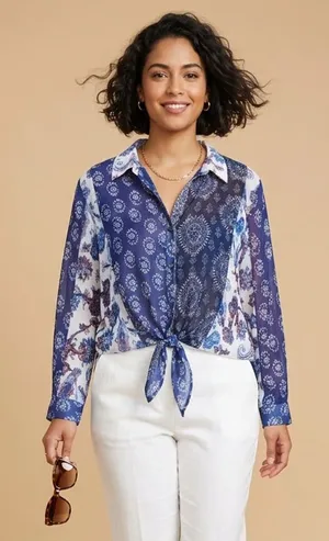 CHICO'S | Mixed Print Patchwork Semi-Sheer Button-Down Tie Front Blouse Sz XL thumbnail 1