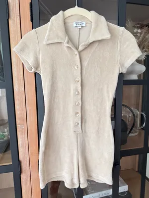 Frankie’s Bikinis Rose terry Romper onesie beige sand short sleeve button down thumbnail 1