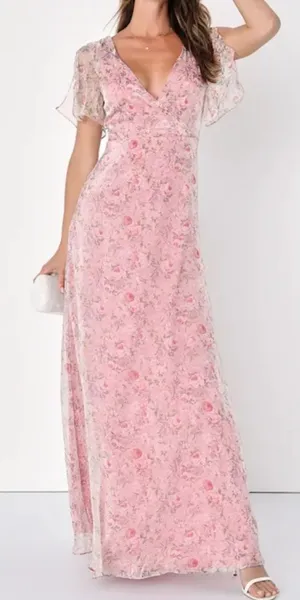 Lulus Floral Flutter Sleeve Maxi Dress XS Dreamiest Desires Garden Party Pink thumbnail 1