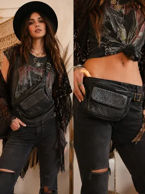 Free People Black Leather Convertible Belt Bag Woven Leather Waist Crossbody thumbnail 2
