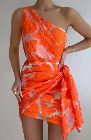 Showpo. Jacquard mini dress wrap neon embroidered One shoulder asymmetrical thumbnail 1
