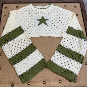 Star Crochet Knit Cropped Sweater Women Small Cream Green Long Sleeve Boho thumbnail 3