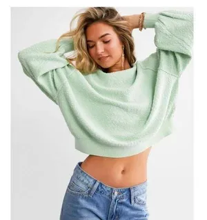 FREE PEOPLE Found My Friend Bouclé Pullover in Misty Jade Size Small thumbnail 1