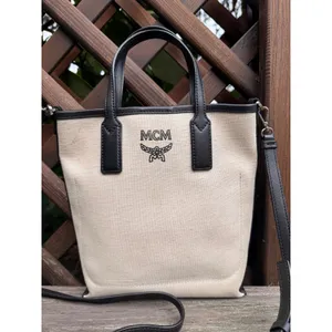 MCM Glitch Logo Mini Shopper Tasche Tote Bag Canvas Crossbody Black Beige thumbnail 4